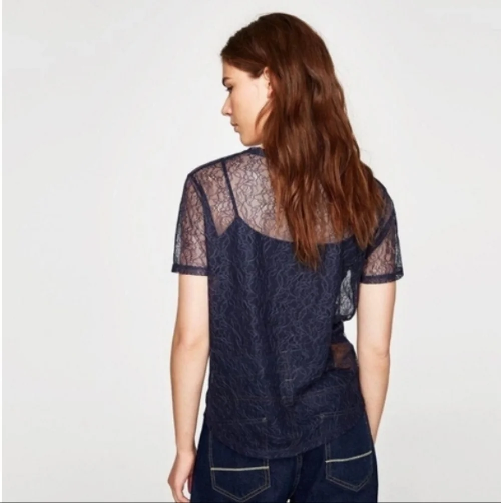 M Zara Sheer Embroidered Floral Lace Top Navy Blue - Picture 4 of 8